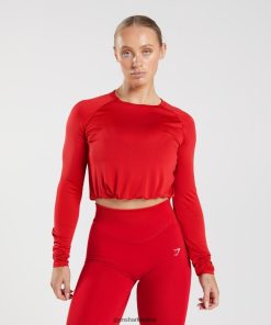 Gymshark Türkiye Mağazaları - Gymshark ter dikişsiz uzun kollu kısa üst salsa kırmızısı kadınlar B26PXX439