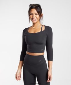 Gymshark Çorap - Gymshark 3/4 kollu yükseltilmiş üst siyah kadınlar B26PXX422